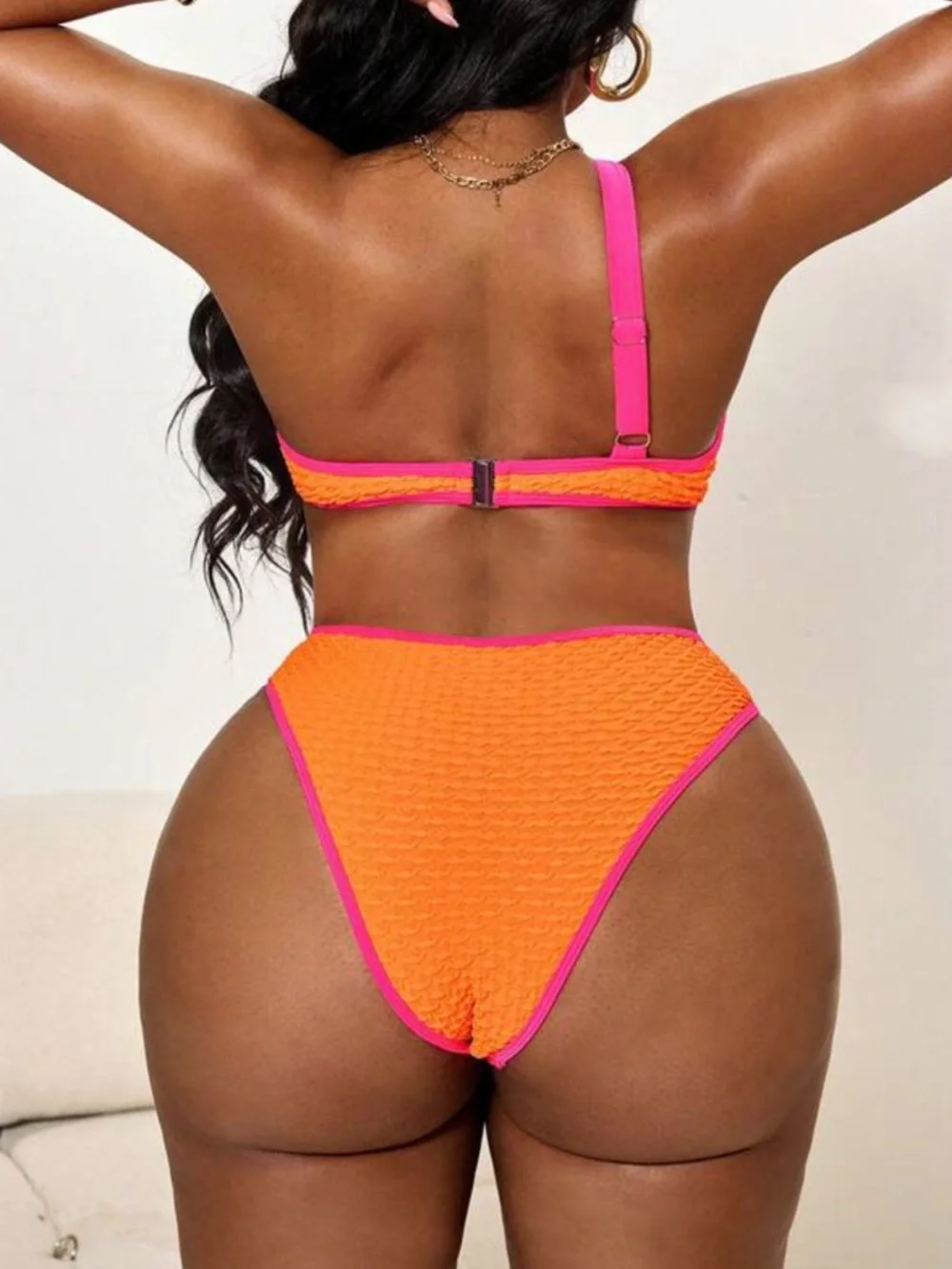 SHEIN Neon Orange & Pink One-Shoulder Cutout Bikini Set Woman Plus Size 1X